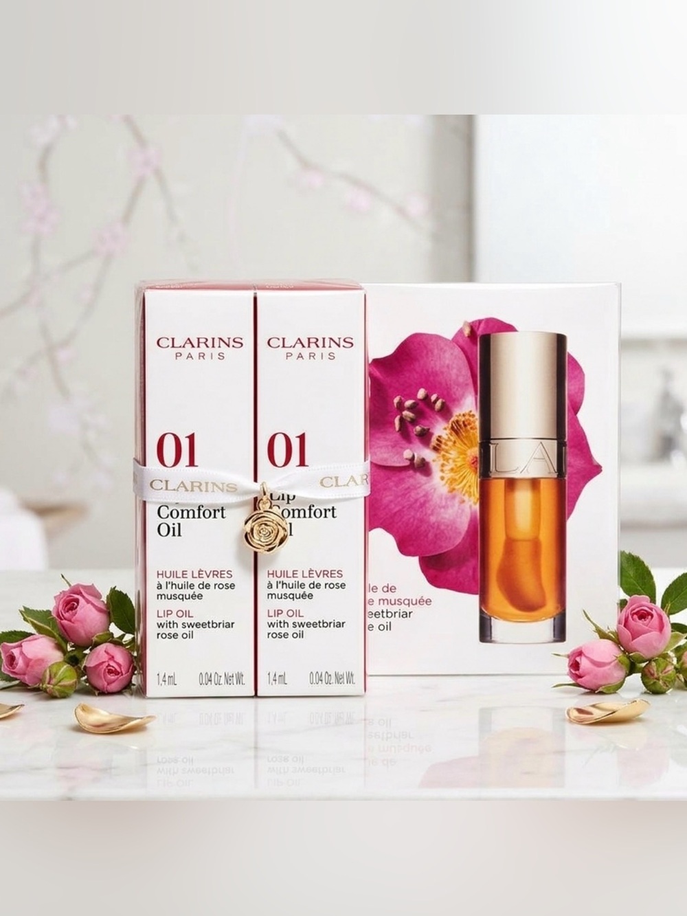2 Clarins Lip Comfort Oil Lip Oil Shade 01 Rose, Sweetbriar, Mini 1.4 mL